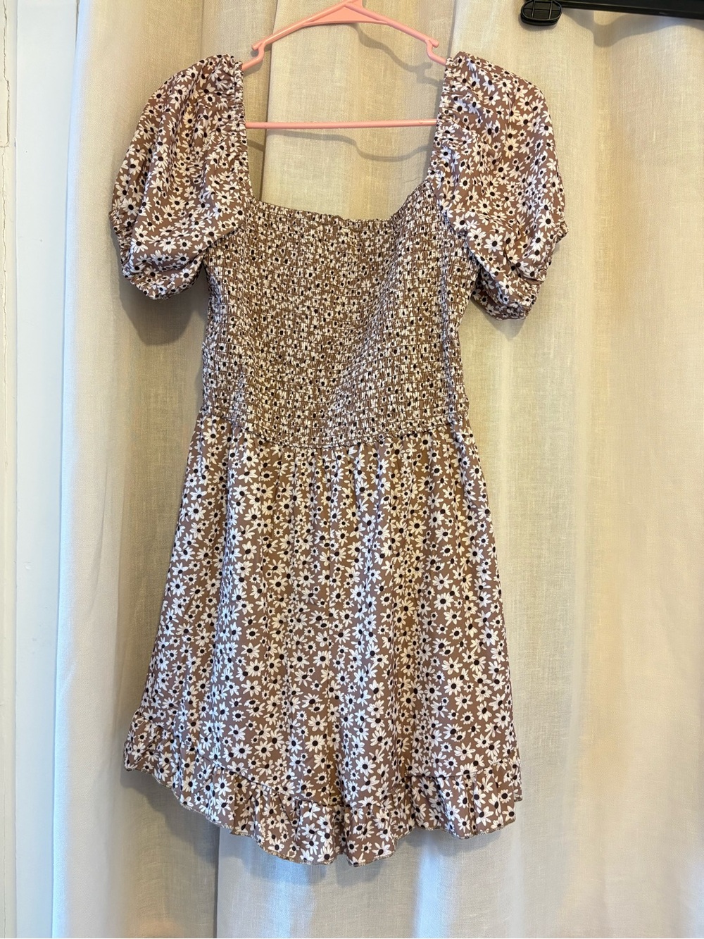 Brown Floral Smocked Puff-Sleeve Dress Romper
